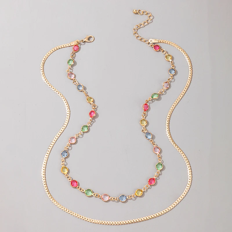 

HuaTang Fashion Colorful Crystal Choker Necklace for Women Double Layer Gold Clavicle Chain Female Party Jewelry on the Neck