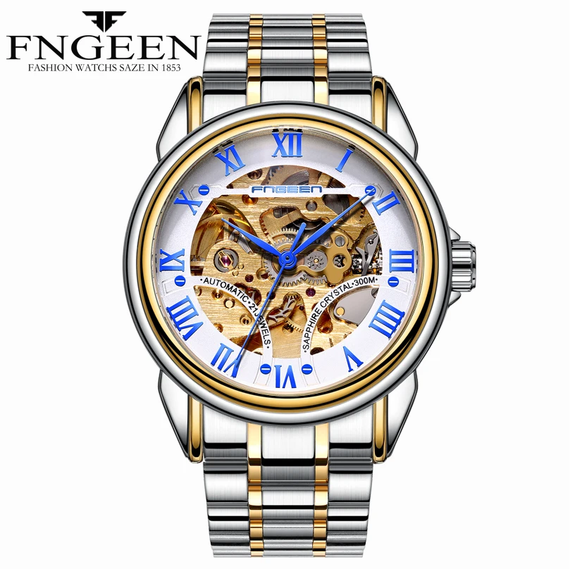 

FNGEEN Men Watch Mechanical Wristwatch Skeleton Luxury Men Business Stainless Steel Hand Watch Gold reloj hombre