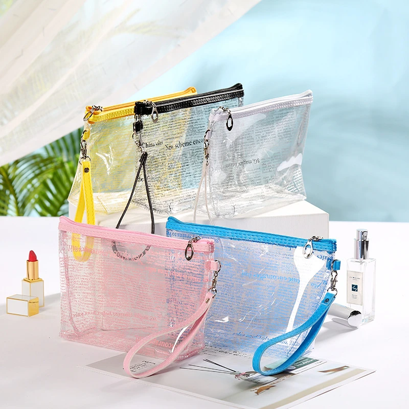 La moda de impresión baño hacer baratos bolsa de PVC transparente a prueba de agua bolsa de cosméticos viajar de almacenamiento Kit con mango|Bolsas y estuches de cosméticos| -
