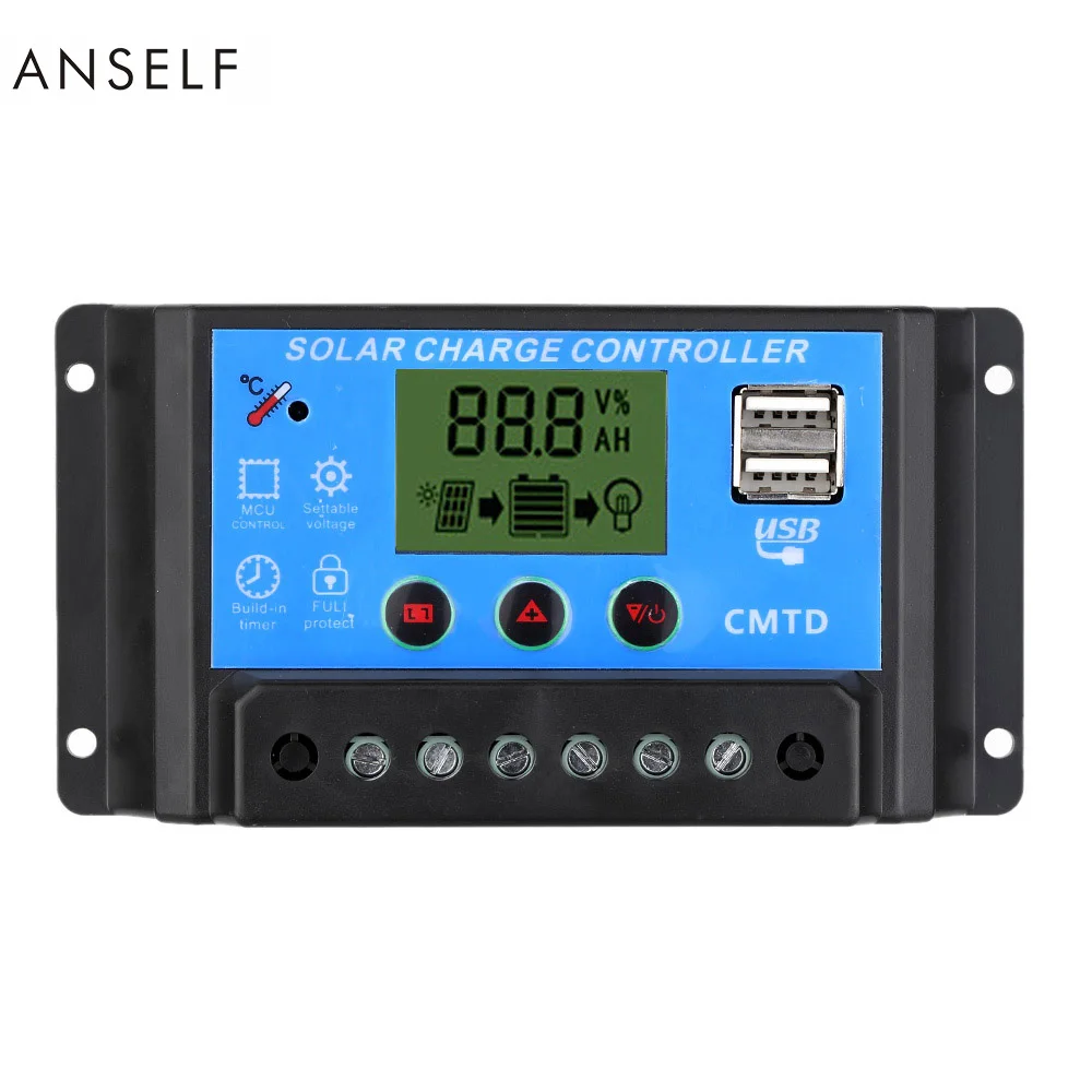 Anself 12V/24V Солнечный контроллер заряда с ЖК дисплей Дисплей автоматический таймер