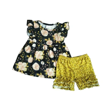 

summer 2pcs baby girl tunic set with floral tunic and golden shorts