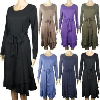 

clothing OLWPIRNCESS 2019 New Women's Solid Color Long Sleeve Slim Dress Lace-up Ruffles Medium-Length Dress