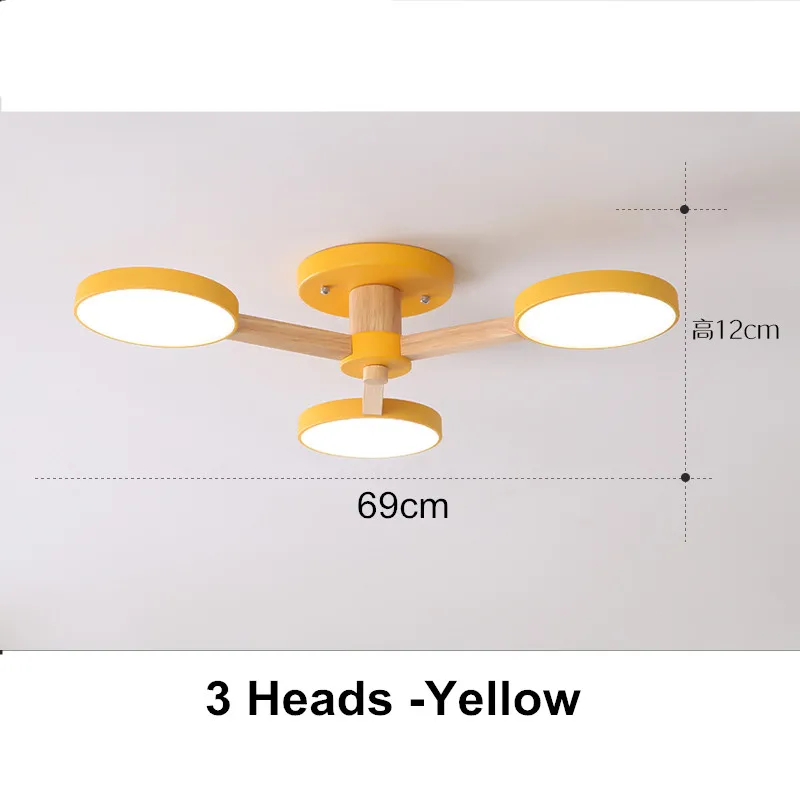 Простой деревянный светодиодный светильник в скандинавском стиле с цветным железным абажуром, потолочные люстры для столовой, детской спальни, домашняя деревянная лампа - Цвет абажура: 3 Heads Yellow