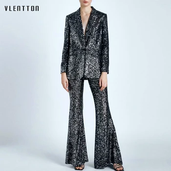 

2020 Autumn Sexy V-Neck Women's Pants Suit Sequins Blazer Jacket Tops & Zipper Flare Trouser Office Ladies Two Piece Set Female