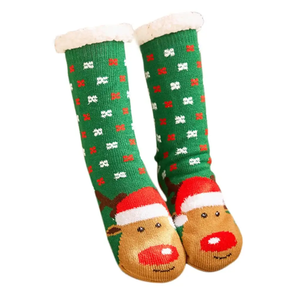 Рождественские носки; зимние женские теплые удобные пушистые флисовые Носки; утепленные двойные Флисовые Тапочки с рисунком; нескользящие носки-Тапочки - Цвет: Green