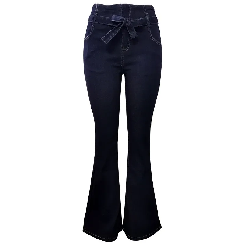 Navy Tie Waist Flare Jeans Woman Denim Trousers Vintage Women Clothes Fall High Waist Pants Belted Stretchy Jeans