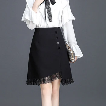 

Plus Size High Waist Skirts Women Knee-length Patchwork Lace A-line Skirt New 2020 Korean Style Office Lady Elegant Skirt P744