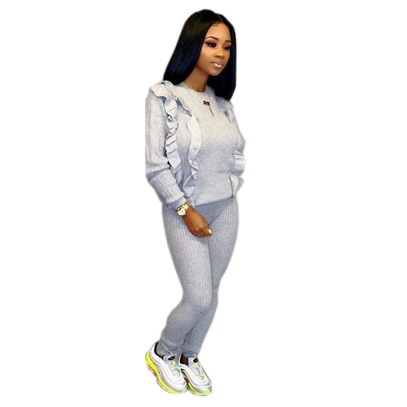 

Knit Two Piece Set Women Sweater Set Autumn Winter Bodycon 2 Piece Tracksuit Ruffle Crop Top Pants Casual Matching Sets Outfit