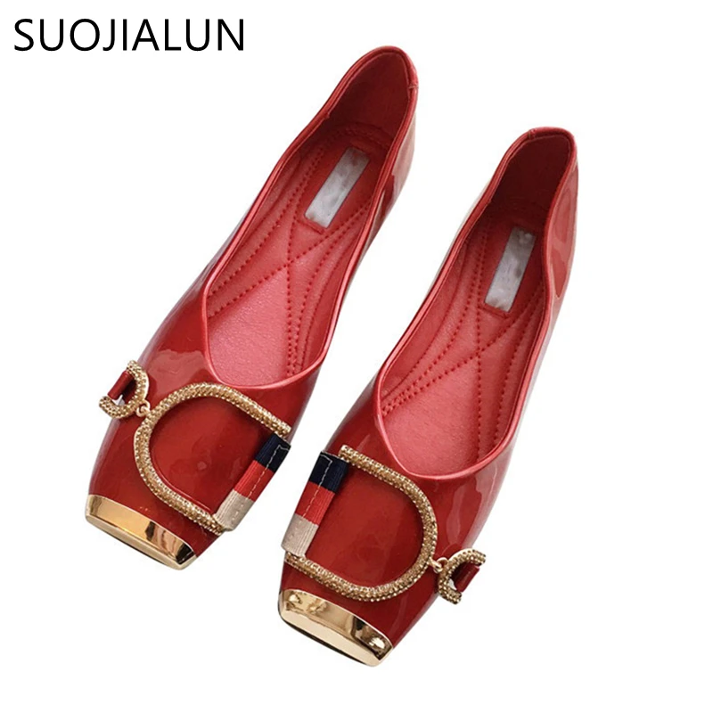 SUOJIALUN Rhinestone Buckle Flat Shoes Women Square Toe Ballerina Slip On Ladies Shoes Fashion Design Luxury Loafers Flat Shoes