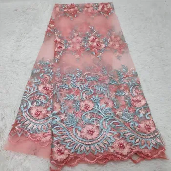 

2019 High Quality Frenchpink/ green Tulle Beaded African Lace Fabric beads Embroidered Nigerian Lace Fabrics For Wowen Dress