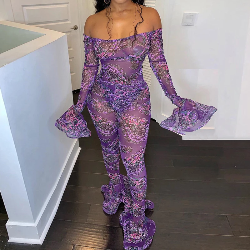 

Slash Neck Mesh Print Bodycon Jumpsuits Off Shoulder Flare Full Sleeve Loose Pants Women Overalls Club See Through Cute Romper