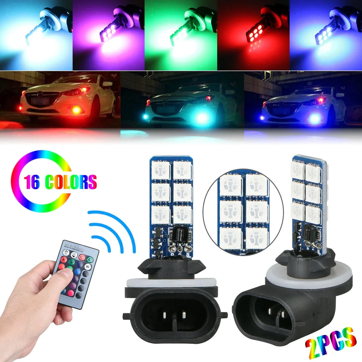 

2 шт. 881 5050 красочные светодиодные RGB автомобильные фасветильник, противотуманные фары, s-лампы, автомобисветильник фары дальнего света, Автомобильные противотуманные лампы, аксессуары для светильник р