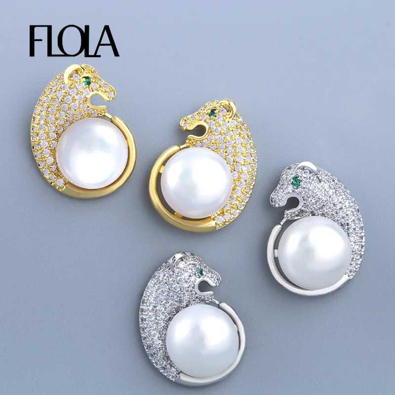 Женские серьги гвоздики из фианита FLOLA CZ с пресноводным жемчугом роскошные