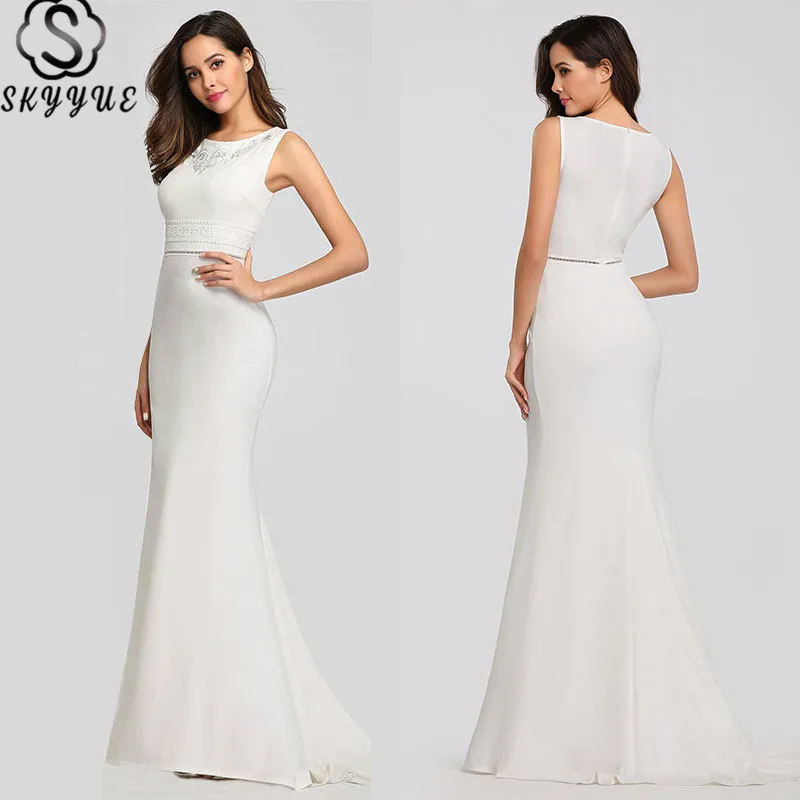 Skyyue вечернее платье с круглым вырезом без рукавов robe De Soiree Твердые Формальные платья 2019 вышивка женские вечерние платья C530