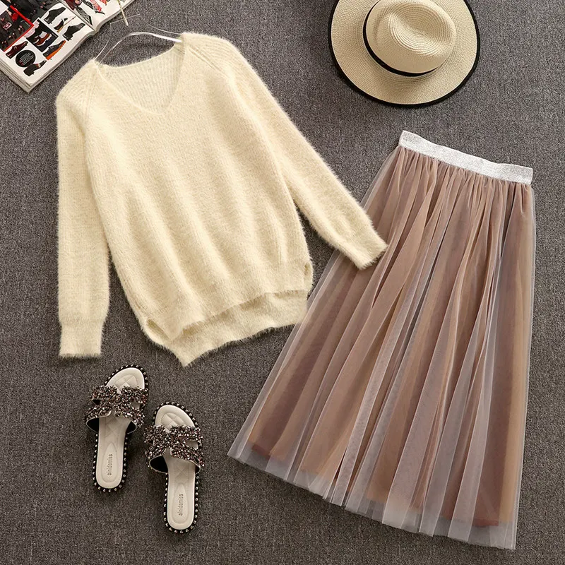 

2019 New Autumn and Winter V-neck Loose Sweater Knitwear + Long Mesh Skirt Two-piece Student Girls Casual Skirt Sets
