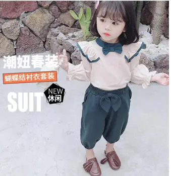 

Girls' bow tie shirt set 2020 spring new Korean female foreign style two-piece suit