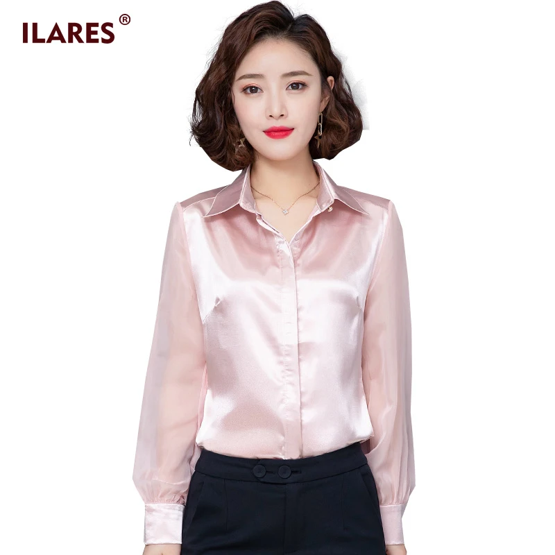 ILARES, женская блузка, Женские топы и блузки, плюс размер, рубашка, винтажная, свободная, сатиновая, из органзы, с длинным рукавом, верхняя одежда, туника - Цвет: Розовый