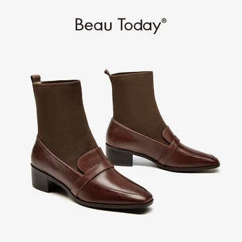 

Winter Women Sock Boots Ankle Length Cow Leather Fabric Knit Square Toe Fashion Slip-On for Office Lady Handmade BeauToday 03887