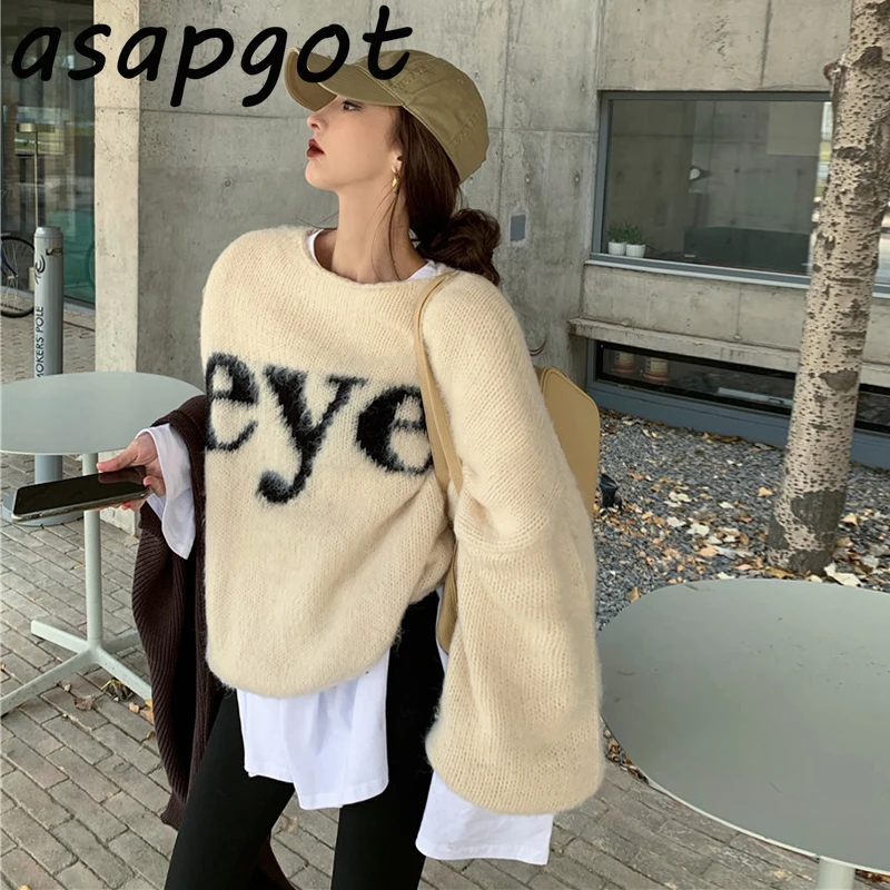 Loose Outfits Letter Printed Pullovers Sweater Women 2020 Autumn Winter Chic Wild O Neck Puff Sleeve Knitwear Tops Pull Casual | Женская