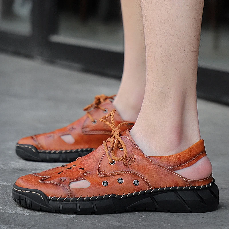 Сандалии на плоской подошве мужские Кожаные Мягкие повседневные для пляжа и