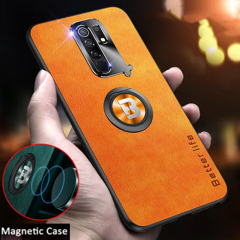 Мягкий тканевый кожаный чехол для телефона Xiaomi Redmi 9 магнитный автомобильный с