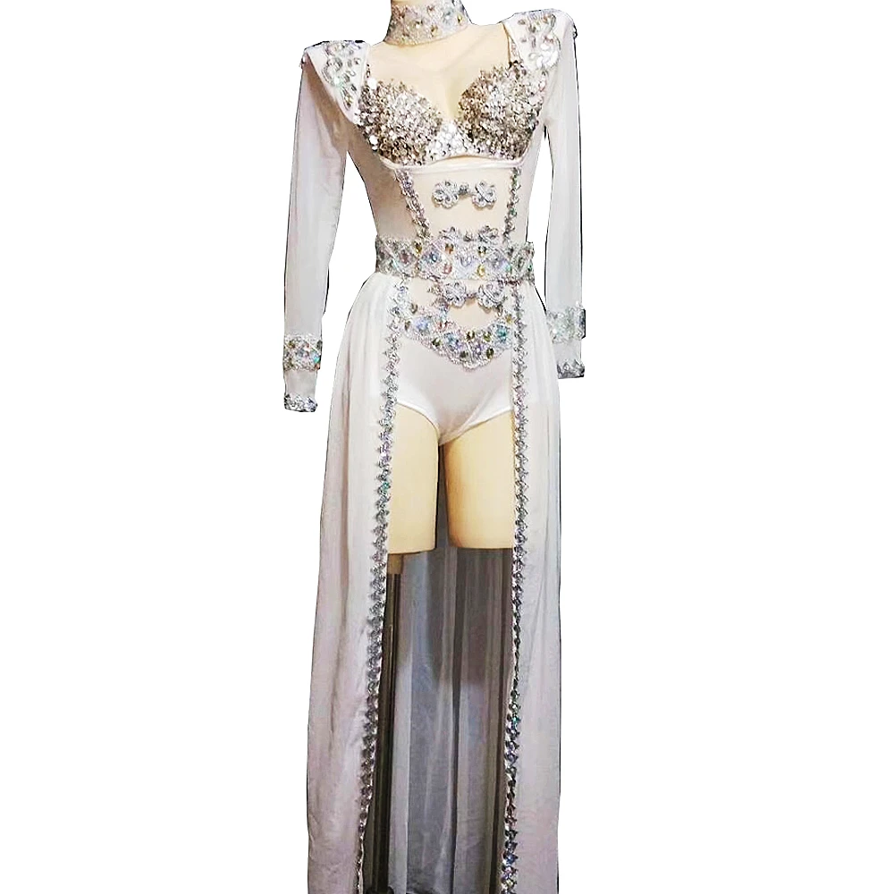 

Rhinestones Sequins Four-Piece Suit Mesh Gauze Nightclub Dance Show Wear Party Evening Costume Stage Outfit Uniform Costumes