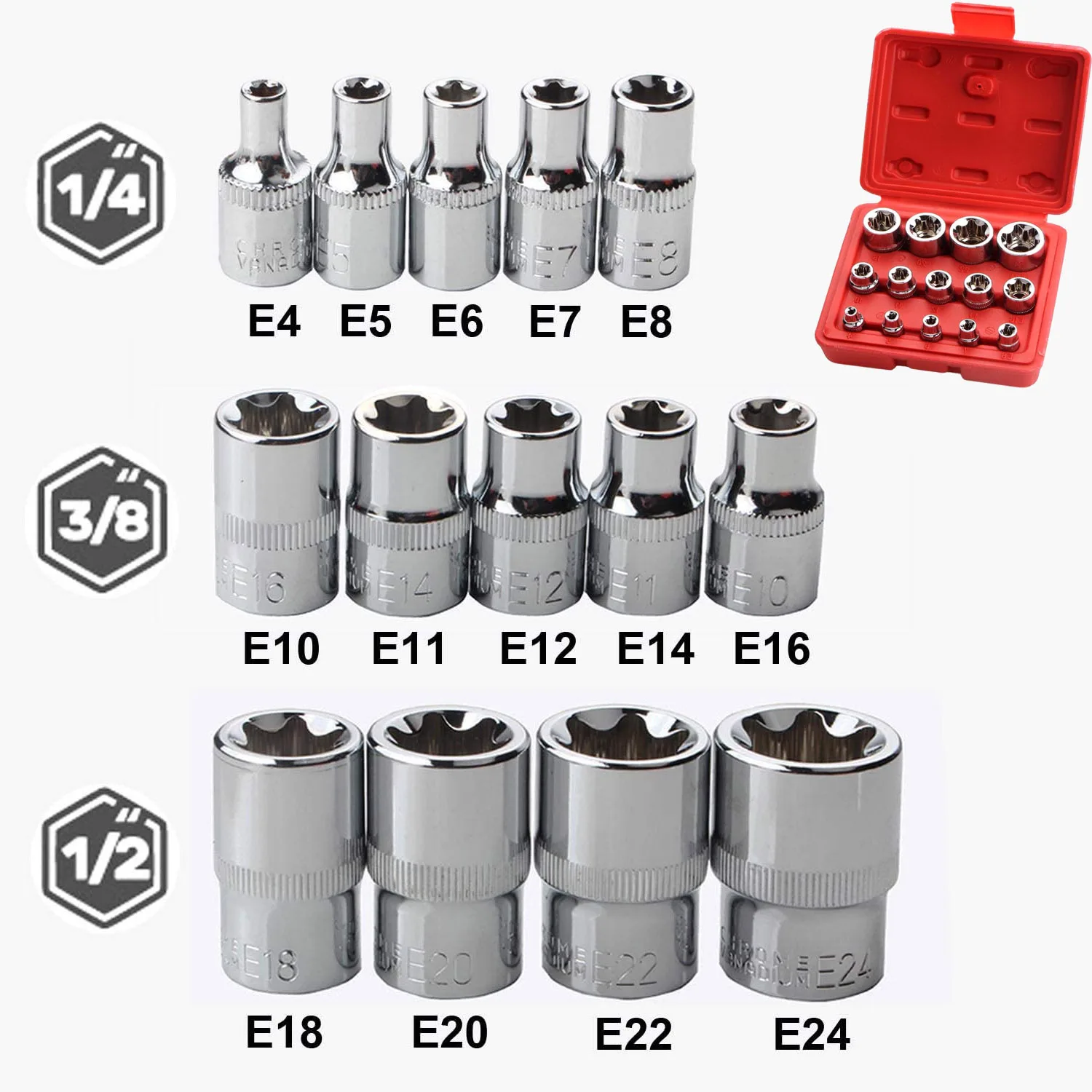 14 pieces female e torx star socket set 1 4 3 8 1 2 drive inverted