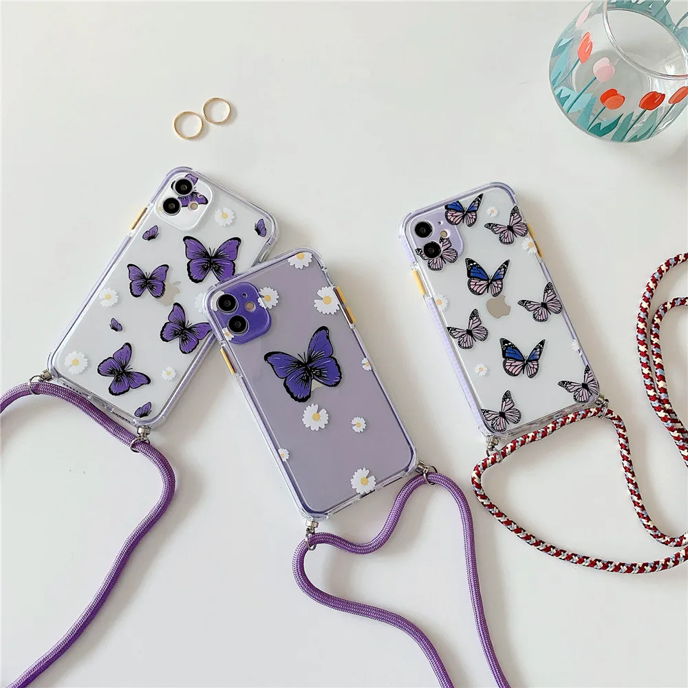 iphone 6 cardholder cases Candy Color Lanyard Phone Case for iPhone 11 Pro 12 Mini XS Max XR X 7 8 Plus SE 2020 Soft Transparent TPU Silicone Cover Fundas iphone 8 wallet case