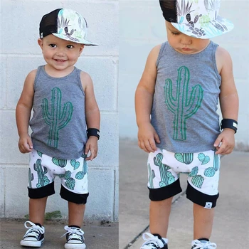 

2019 Fashion Newborn Toddler Boy Girls Cactus Sleeveless Tops Vest+Short Pants Outfits Green cactus Cute Print Boys Suits set
