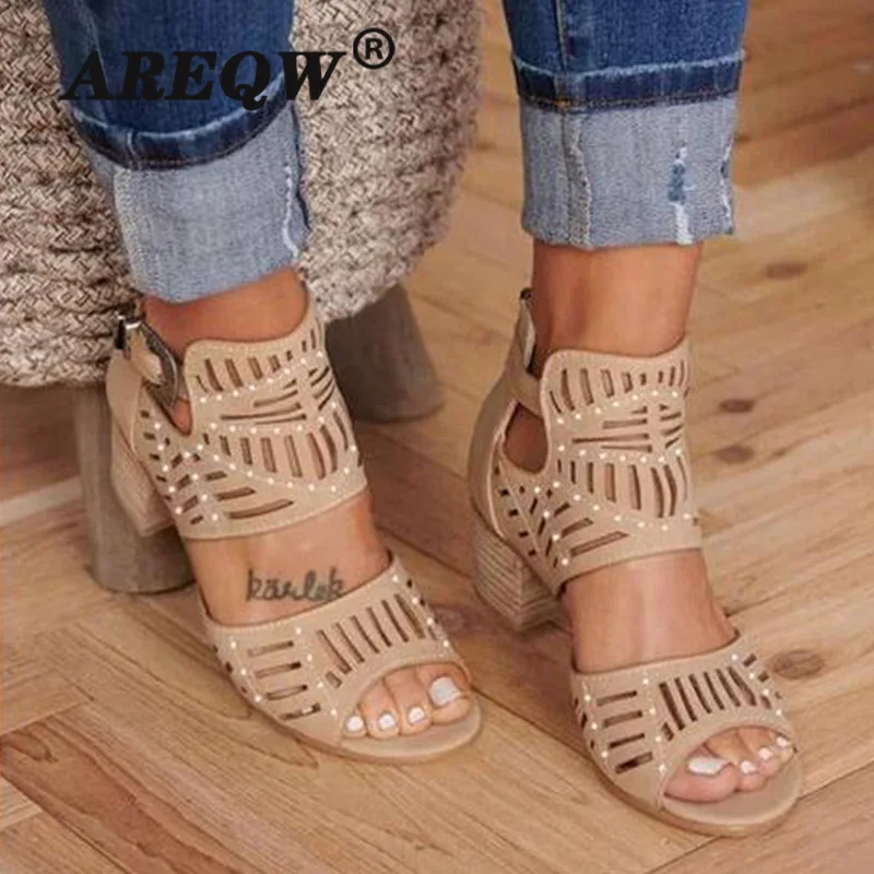 New Summer 2020 Leather Women's Block Heel Sandals Fashionable Wild Open-toe Hollow Plus Size | Обувь