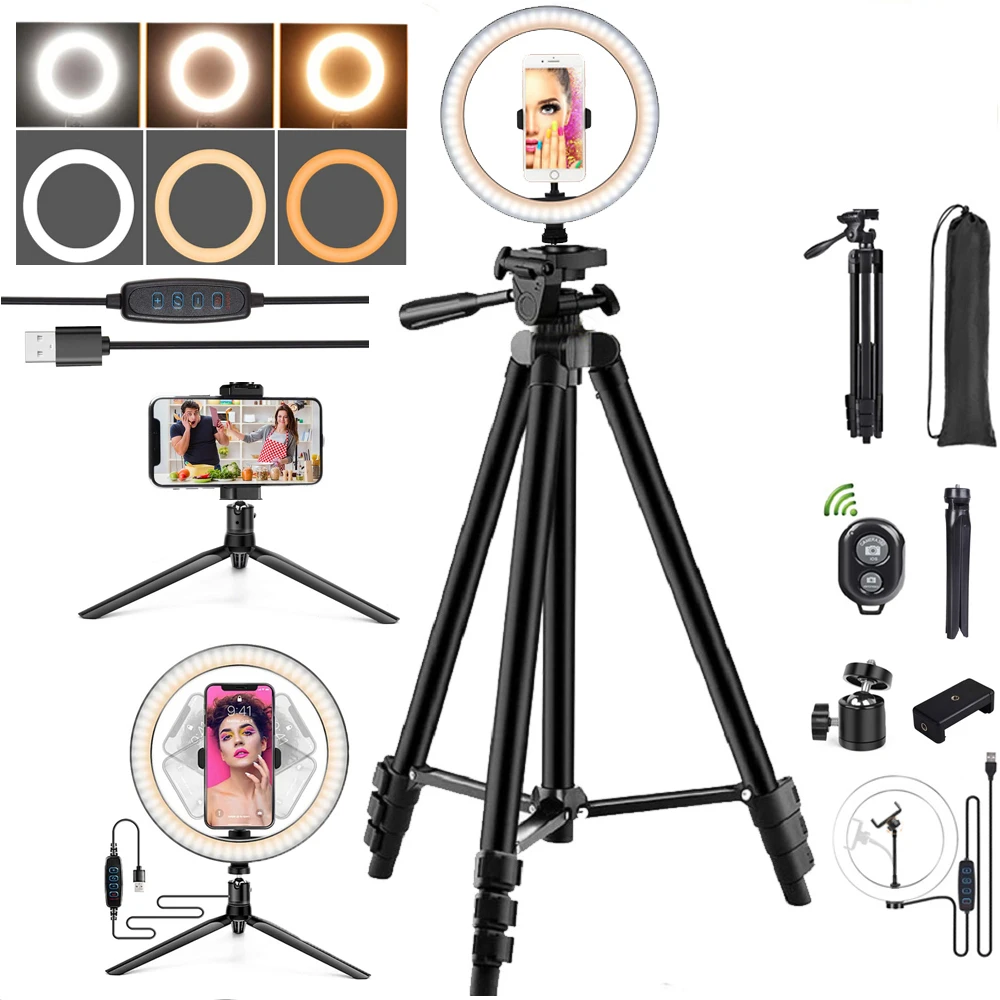 

10" LED Selfie Ring Light Trepied Dimmable Lamp Phone Stand Holder Circle Fill Light Makeup Photography Desktop RingLight Tripod