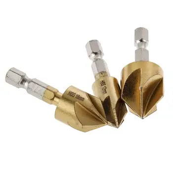 

3pcs Countersink Drill Bit Set 1/4 Inch Hex Shank HSS 5 Flutes Countersink Wood Chamfering Cutter Chamfer 12/16/19mm