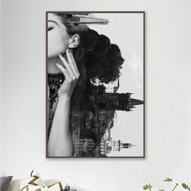 

Scandinavian Poster Black and White Sexy Women Landscape Bridge and Building Print and Poster for Living Room Decoracion 2-56