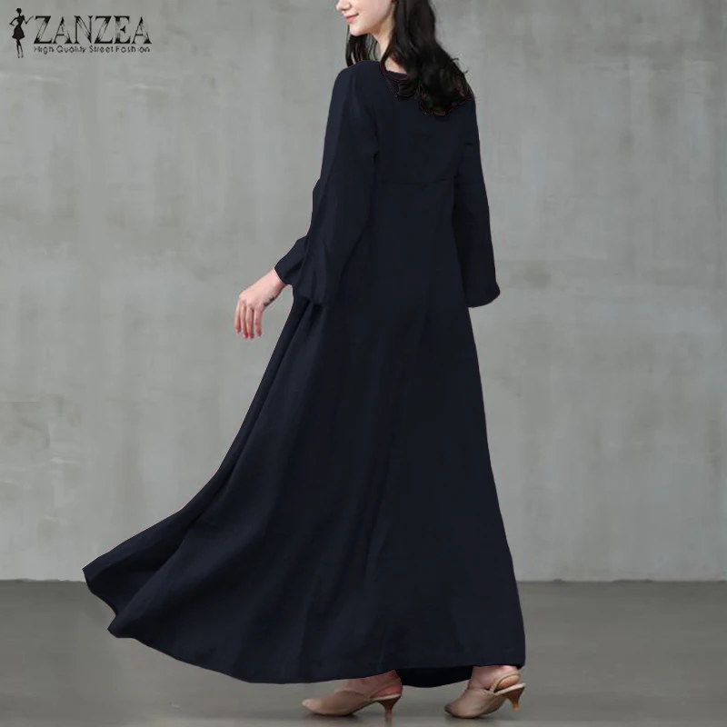 Retro Square Neck Maxi Dress Womens Autumn Sundress ZANZEA 2020 Casual Flare Sleeve Vestidos Female Solid Robe Oversized 5XL