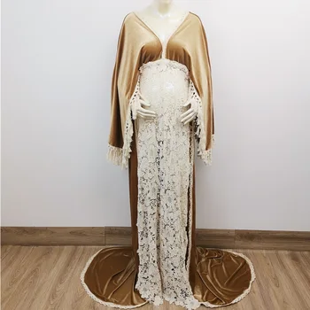 

Soft Maxi Long Bell Sleeves with Embroidery Maternity Dress Pregnant Velvet Gown for Woman Photography Prop Baby Shower Dress