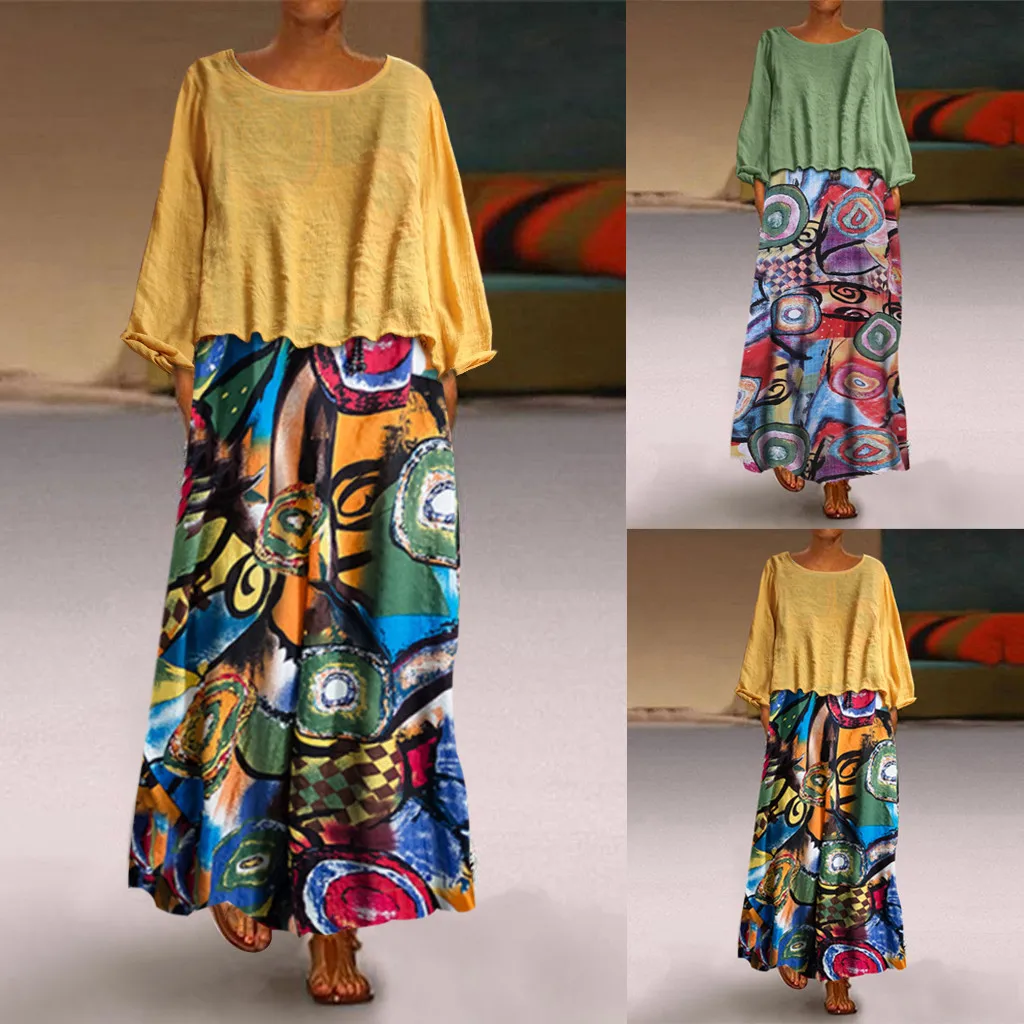 

Plus Size Print Twotwinstyle Casual Dress Robe Women Vintage Two Pieces Ethnic Print Long Sleeve O-Neck sukienka Maxi Dress #C8