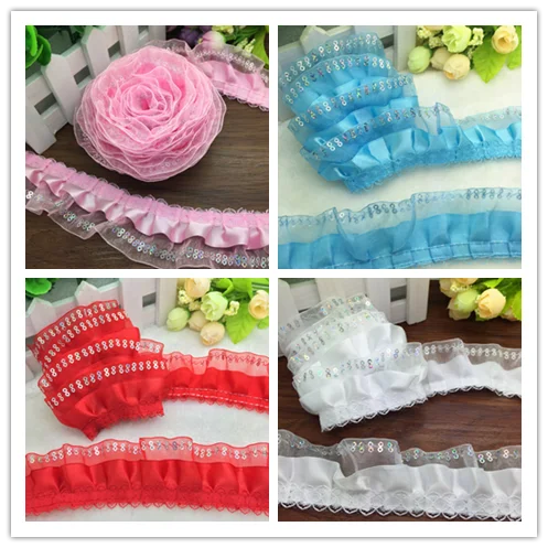 

HOT 1/3/5 yards 3-Layer Beautiful sequined Trim Gathered organza Lace DIY