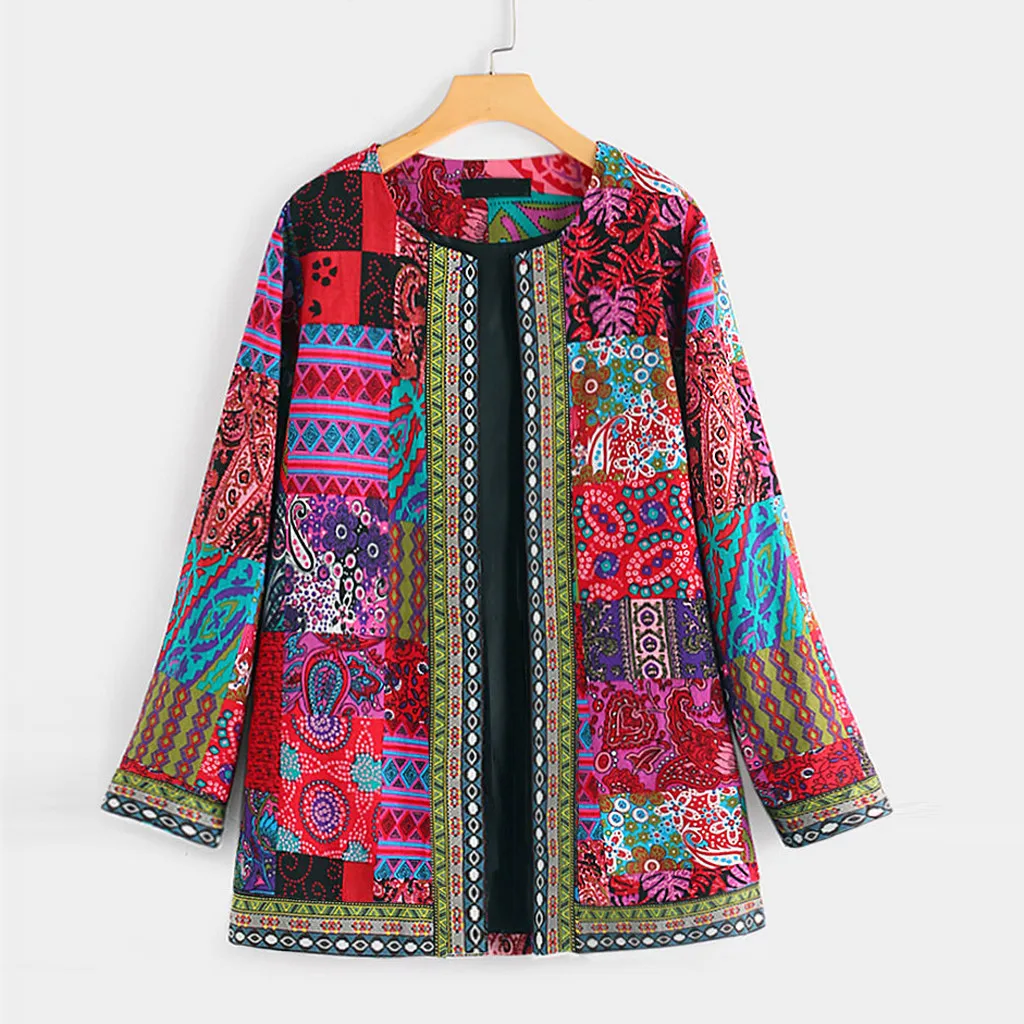 Womail Женское пальто в этническом стиле, винтажная куртка с цветочным принтом, хлопковая льняная куртка размера плюс, куртка с длинным рукавом, цветная Женская куртка