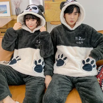 

Unisex Adult Cute Winter Couple Pajamas Warm Thickening Hooded Male Pajamas Set Long Sleeve Animal Cartoon Sleepwear Home Suit