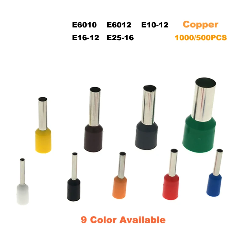 

1000/500Pcs Copper Tube Insulated Cord End Crimp Terminals Electrical Wire Connector E6010~E25-16 Cable Ferrules VE 10-4AWG