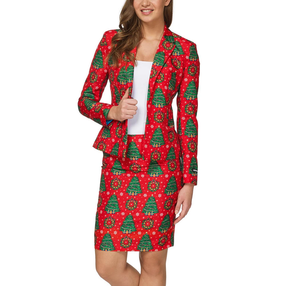 Christmas Blazer Two Piece Set Women 2020 Autumn Long Sleeve Single Button Blazer Coat+Print Skirt Suit Slim Office Party Outfit