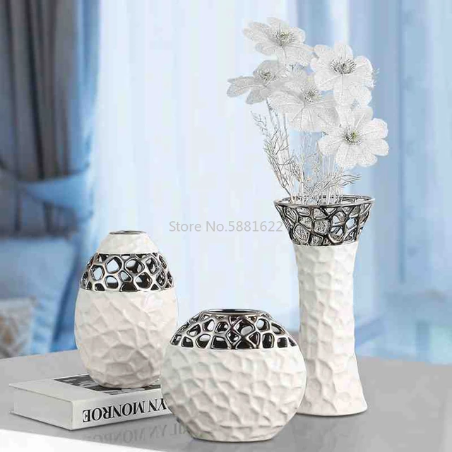 Ceramic Vase white silver Openwork pattern flower vase Europe ...