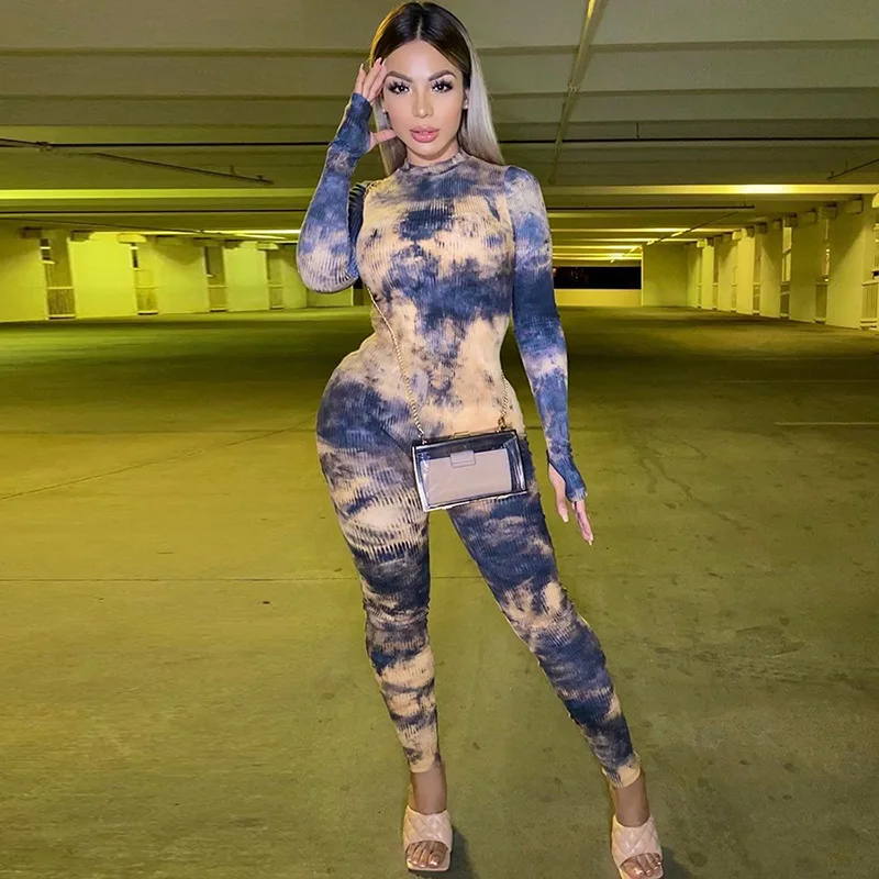 

Tie Dye Print Jumpsuit for Woemn Zipper Skinny Bodycon Playsuit Elastick Fitness Push Sports Active Overalls Streetwear