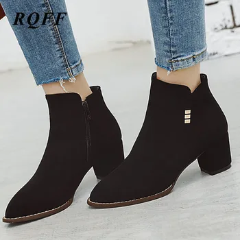 

Beige New Winter Ankle Boots Women Plus Big Size Sexy Fashion High Heel Shoes Woman Pointed Toe Solid Flock Boot Yellow Black 12