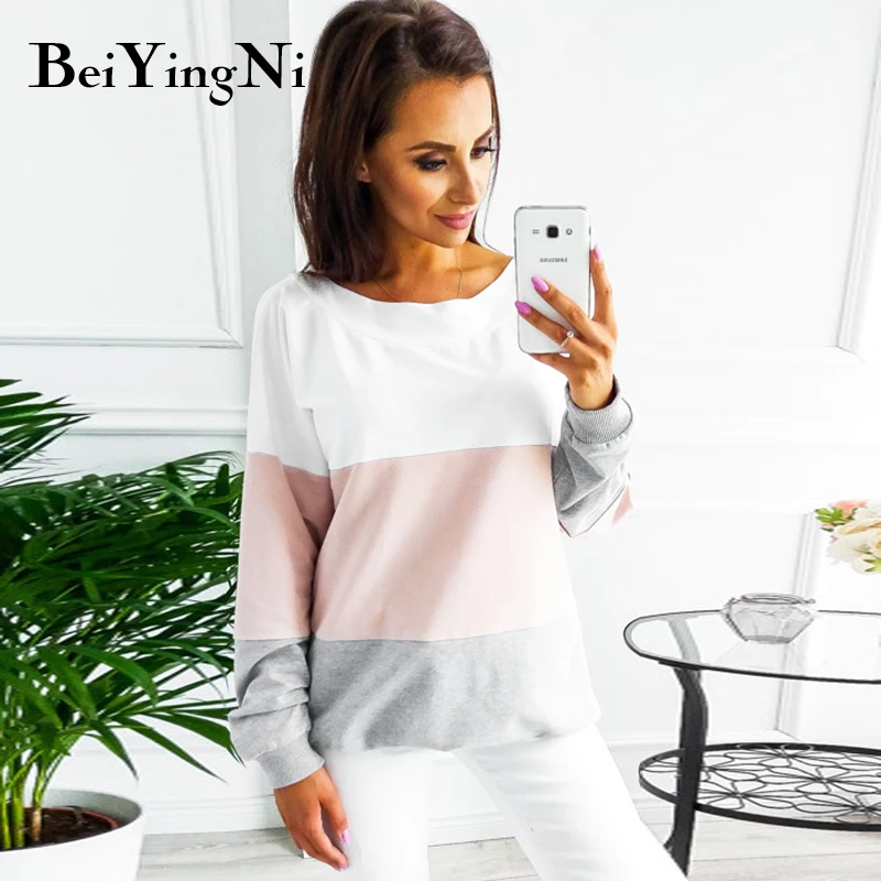 

Beiyingni Autumn Thin Women Sweatshirt Backless Lace Up Spell Color Fashion Female Hoodies Casual Loose S-XXL Hoody Harajuku Top