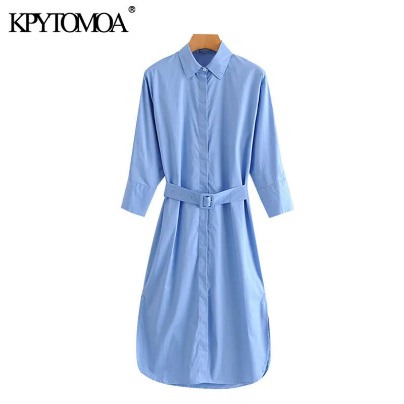 KPYTOMOA Women 2020 Chic Fashion With Belt Office Wear Loose Midi Dress Vintage Three Quarter Sleeve Side Vents Female Dresses KPYTOMOA Women 2020 Chic Fashion With Belt Office Wear Loose Midi Dress Vintage Three Quarter Sleeve Side Vents Female Dresses