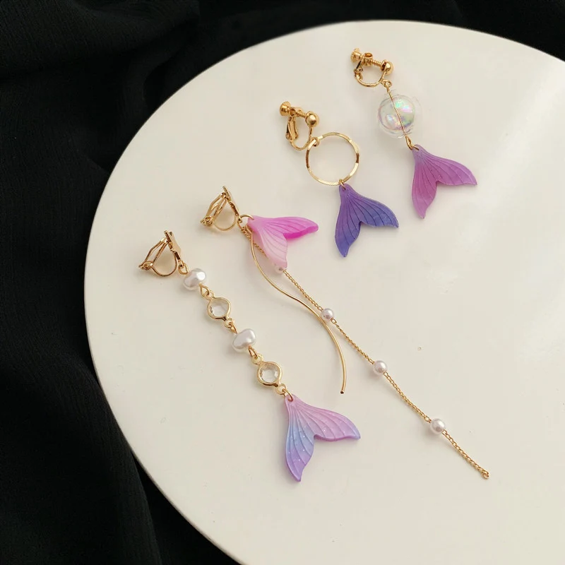 

Fashion Colorful Asymmetric Mermaid Eail Ear cuff No Piercing Pearl Tassel Long Clip Earrings For Women Charm Jewelry