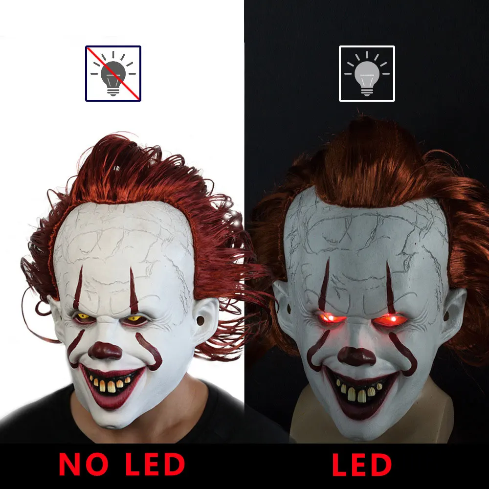 

DM COS Clown 2 Halloween Masquerade Horror Sorcerer Clown Mask Halloween Party Latex Full Face Mask Wig Adult Dress Up LED Mask