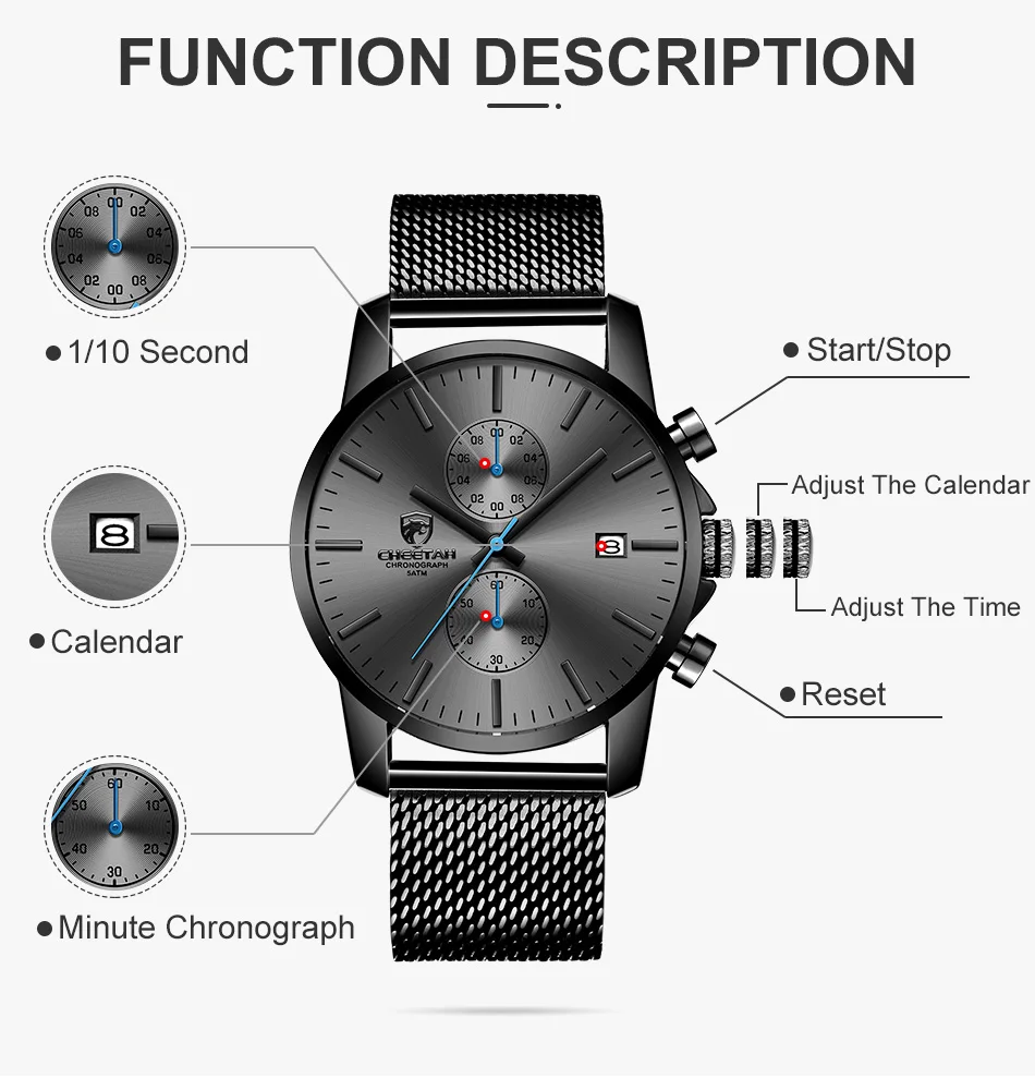 Men's Watch CHEETAH Luxury Brand Men Fashion Quartz Watches Full Steel Mesh Business Male Clock Chronograh Relogio Masculino