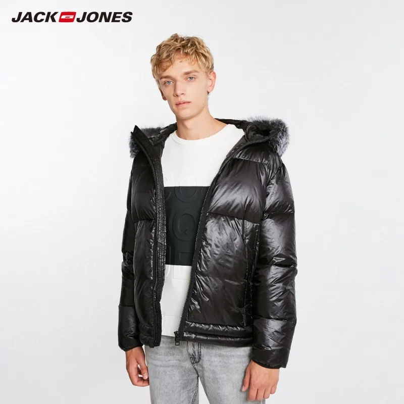 JackJones мужской зимний пуховик с капюшоном и воротником из лисьего меха 218412521 - Цвет: Black